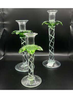 Hand-Blown Palm tree Glass Candlesticks Green Leaf Swirl Design Vintage Set Of 3